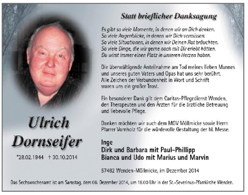  Traueranzeige für Ulrich Dornseifer vom 03.12.2014 aus Tageszeitung